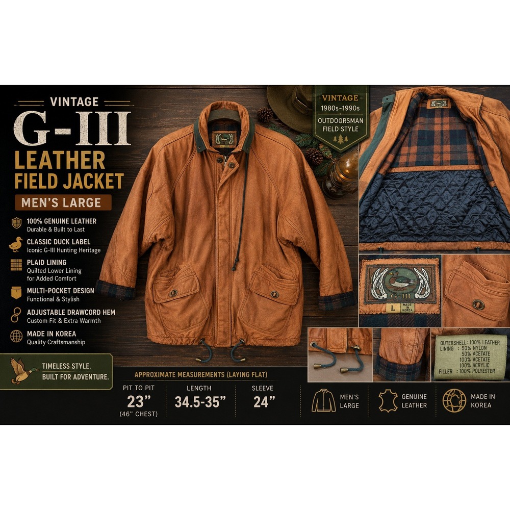Vintage G-III Leather Field Jacket Mens Large Brown Plaid Lined Hunting Coat L